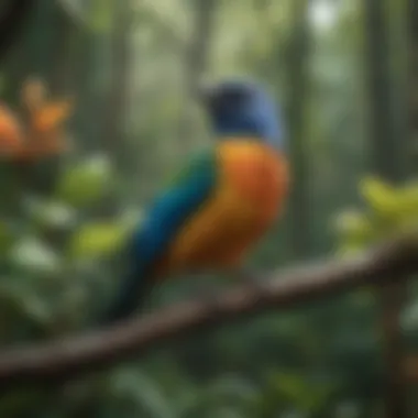 Colorful array of tropical birds perched on branches