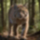 A bobcat stealthily prowling through a dense forest, showcasing its spotted coat and alert expression.