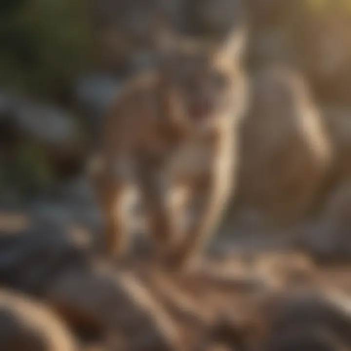 A bobcat leaping gracefully across a rocky terrain, demonstrating its agility and strength.