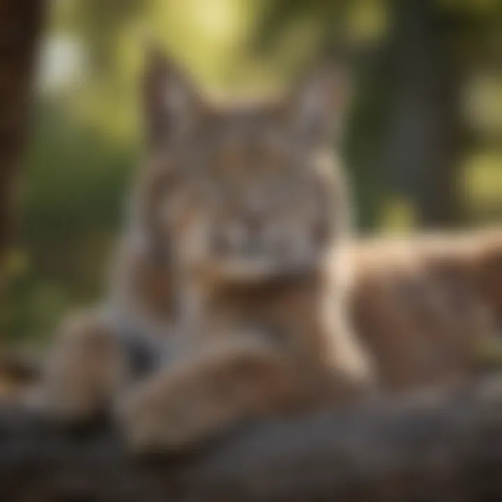 A tranquil scene of a bobcat resting under a tree, blending seamlessly into its natural surroundings.