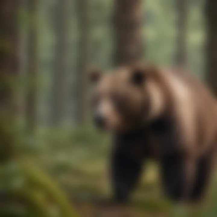 Brown bear foraging for food in a lush forest