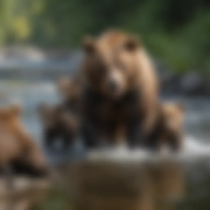 A mother brown bear with her cubs playing by a river
