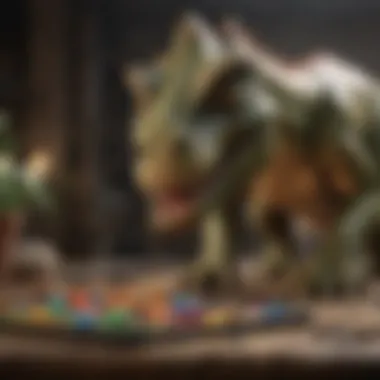 A colorful scene of a child solving a dinosaur puzzle with focused expression