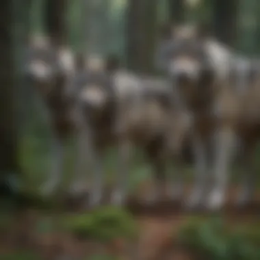 Gray Wolves in Their Natural Habitat A pack of gray wolves in a lush forest setting