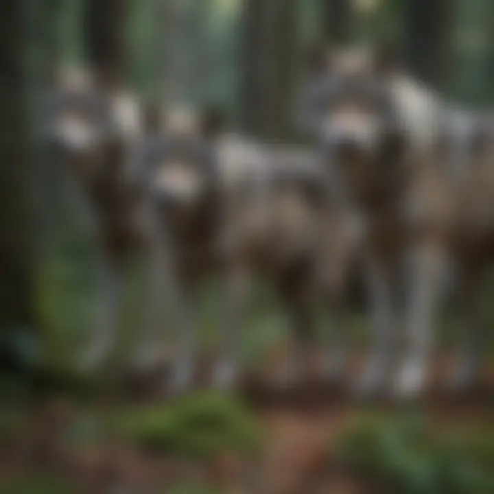 Gray Wolves in Their Natural Habitat A pack of gray wolves in a lush forest setting