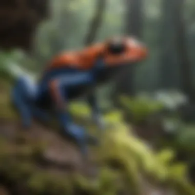 A vibrant poison dart frog blending into its environment