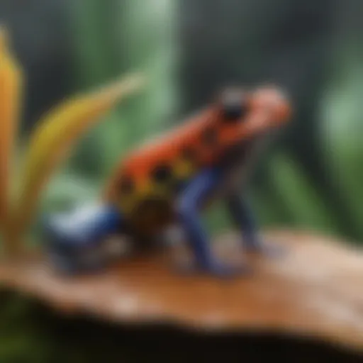 Vividly colored poison dart frog perched on a leaf