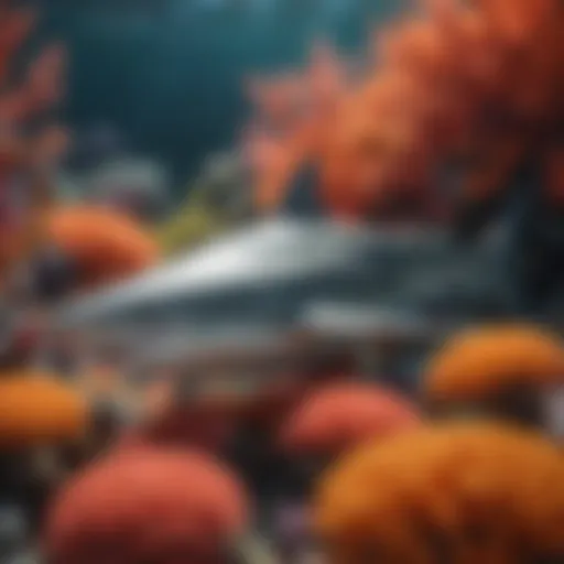 A vibrant illustration of a shark swimming among colorful coral reefs, inviting creativity.