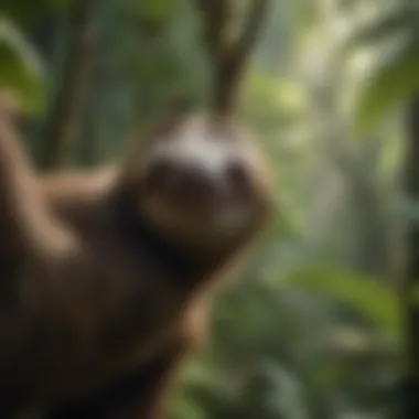 A serene rainforest scene highlighting the sloth's ecosystem and the importance of conservation.