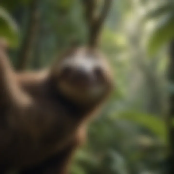 A serene rainforest scene highlighting the sloth's ecosystem and the importance of conservation.