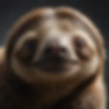 Close-up of a sloth's unique fur and facial features, revealing its gentle expression.