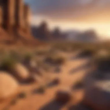 A serene view of a desert landscape with unique rock formations and a sunset backdrop in the Southwest.