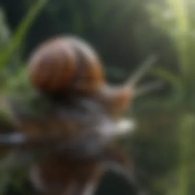 A snail moving through a water body while filtering impurities