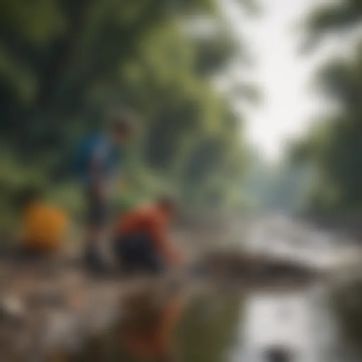 A group of kids cleaning up trash from a polluted riverbank