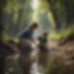 A child planting a tree near a polluted stream
