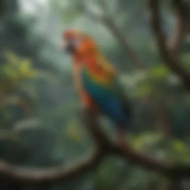 Colorful parrot perched on a lush tree branch in the rainforest