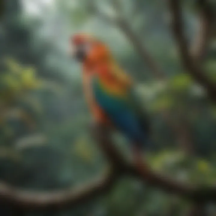 Colorful parrot perched on a lush tree branch in the rainforest