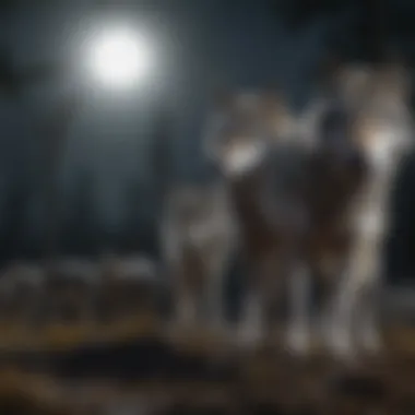 Mysterious night view of a wolf pack on the prowl under the moonlight