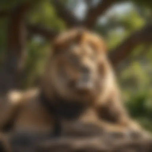 Majestic lion resting under a lush tree
