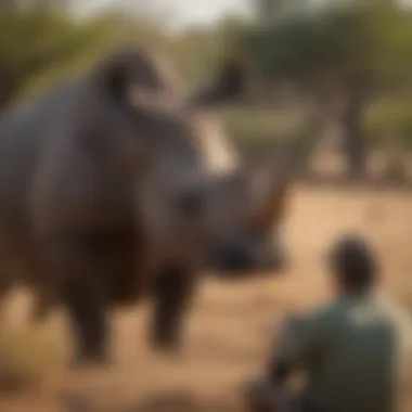 Conservationist monitoring black rhino population in the wild