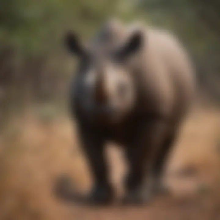 Black rhino wandering through dense African brush