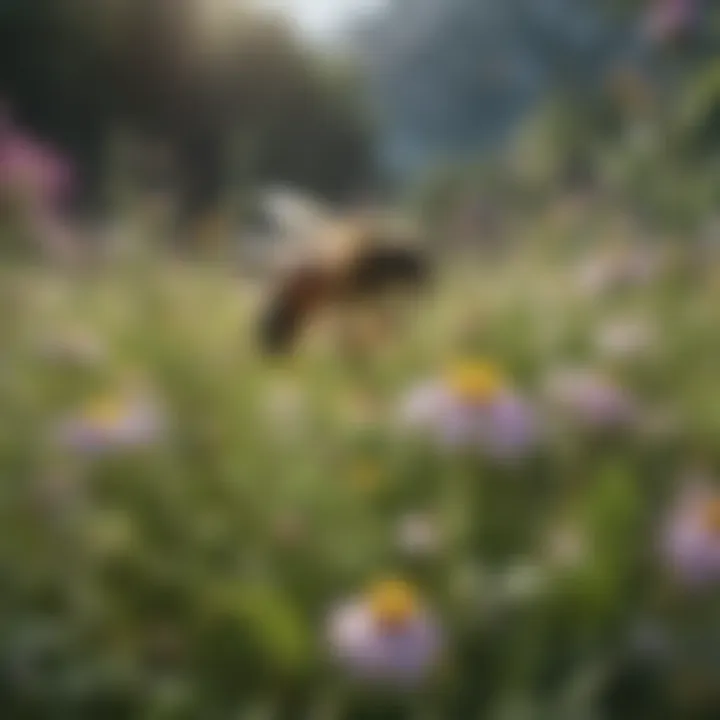 Scenic shot of lush meadow filled with blooming wildflowers and bees pollinating