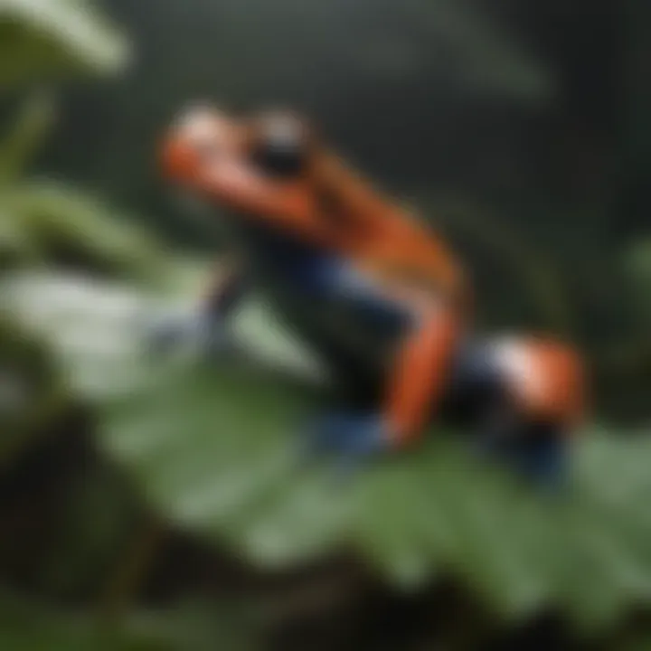 A strikingly colorful poison dart frog perched on a leaf