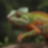 A vibrant and colorful chameleon blending into its surroundings