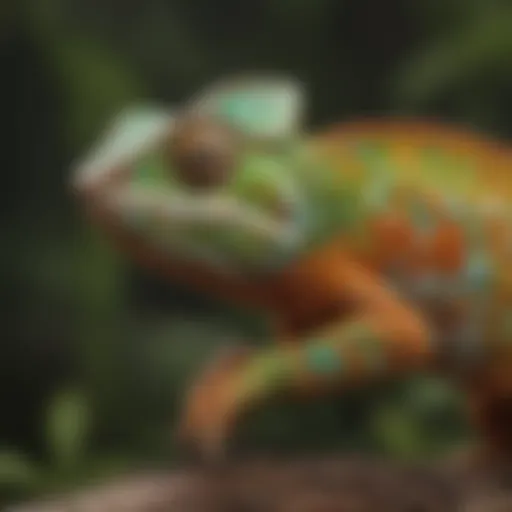 A vibrant and colorful chameleon blending into its surroundings
