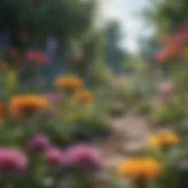 A vibrant garden scene showcasing various flowers and bees