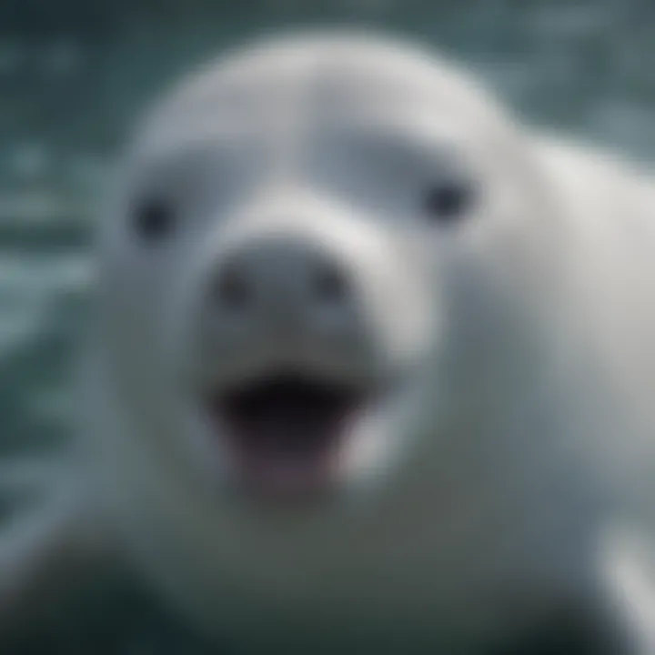 An up-close view of a beluga whale showcasing its unique white skin and facial features.