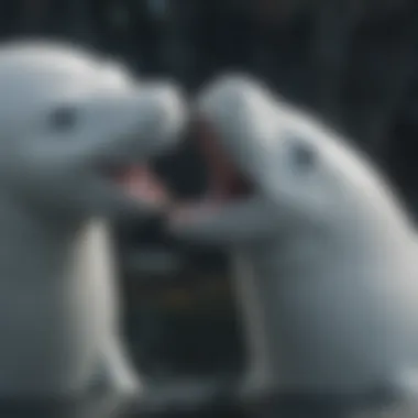 Beluga whales engaging in playful social behavior, demonstrating their intelligence and communication skills.