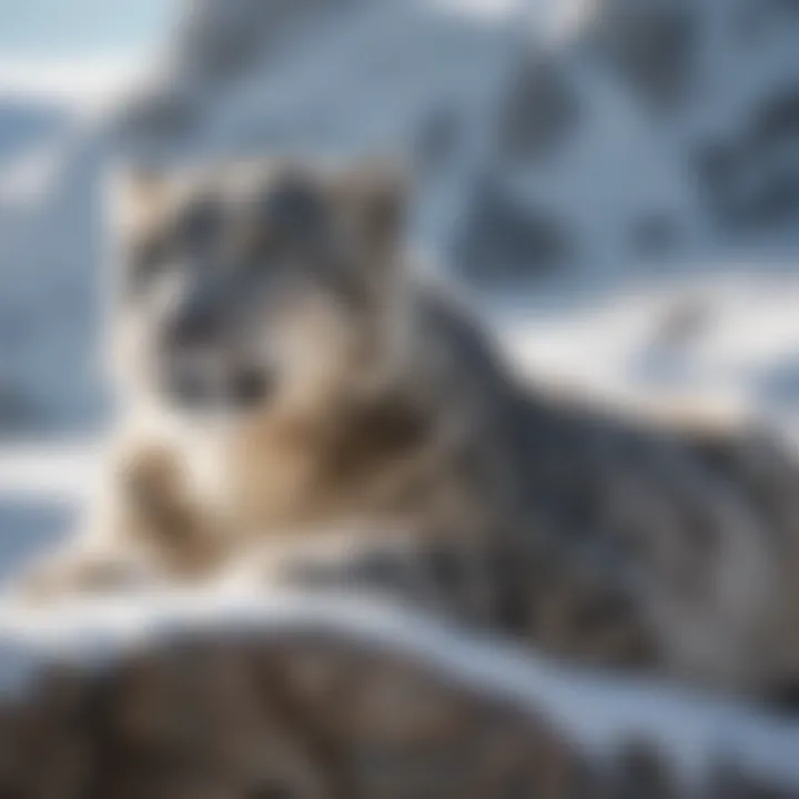 A snow leopard lounging on a snow-covered ledge, embodying the beauty of high-altitude life.