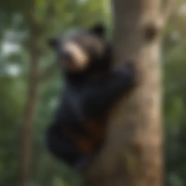 A sun bear climbing a tree, illustrating its agility and climbing skills.