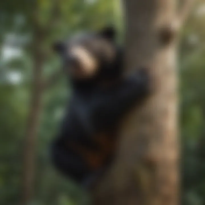 A sun bear climbing a tree, illustrating its agility and climbing skills.
