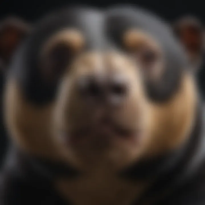 Close-up of a sun bear's face displaying its distinct facial markings and small size.