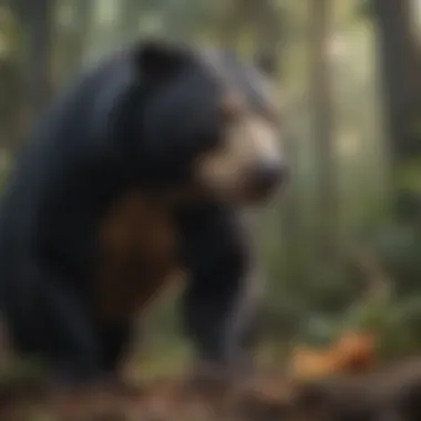 A sun bear foraging for food, highlighting its omnivorous diet.