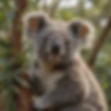 A cuddly koala perched on a eucalyptus tree in its natural habitat.