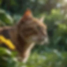 Curious cat exploring a lush garden