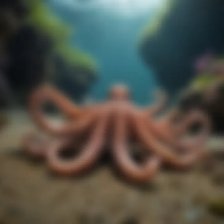 A serene ocean landscape showcasing the habitat of octopuses, with diverse marine life swimming around.