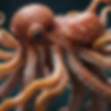A close-up view of an octopus's unique anatomy, highlighting its tentacles and suckers.