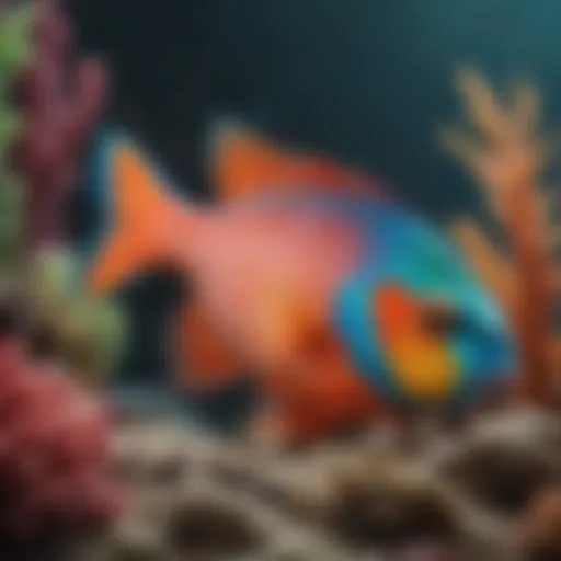 Colorful parrot fish swimming among coral reefs