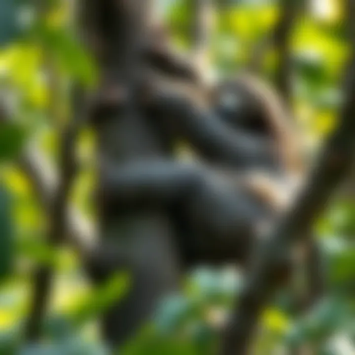 A sloth slowly climbing a tree, showcasing its movement