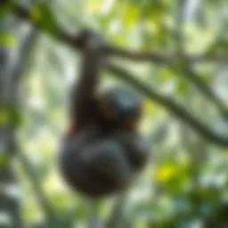 A sloth hanging gracefully from a tree branch