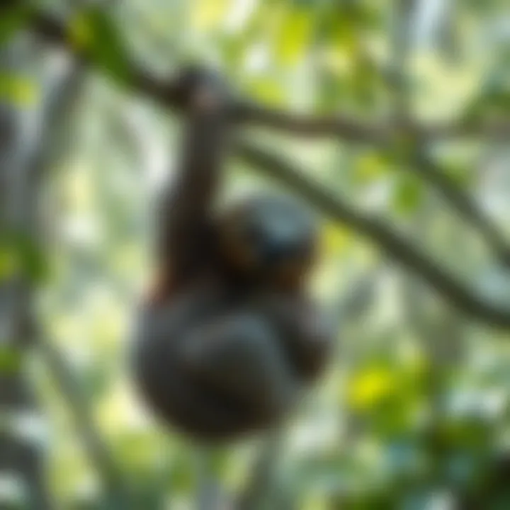 A sloth hanging gracefully from a tree branch