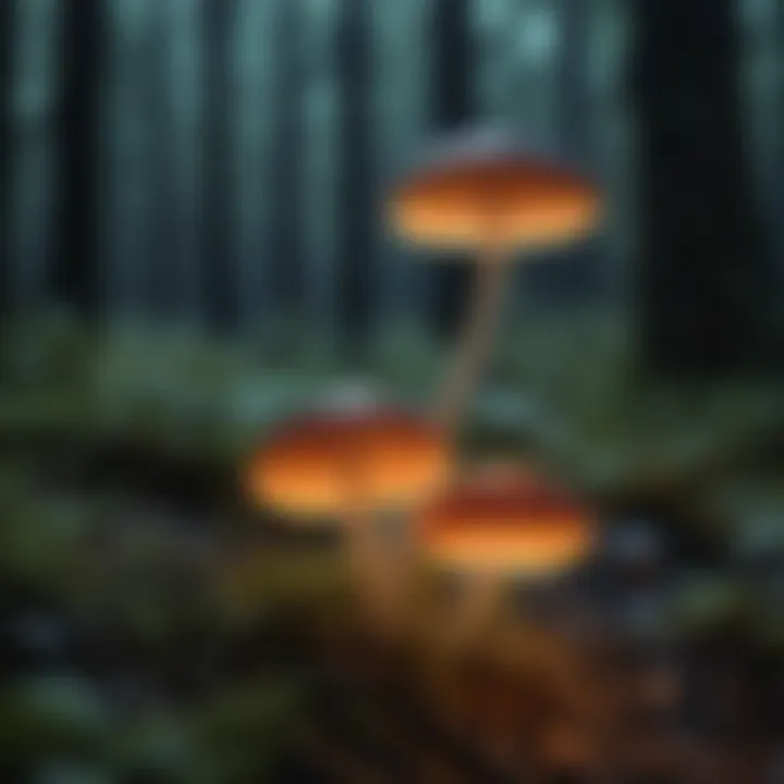 A whimsical scene of bioluminescent fungi glowing in a dark forest.