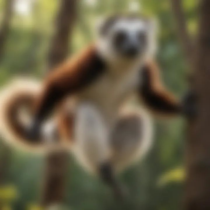 Graceful Sifaka lemur leaping through the trees