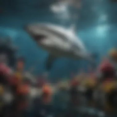 A colorful underwater scene showing sharks in their natural habitat.