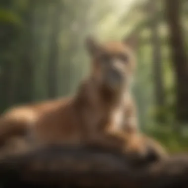 A tranquil scene of a puma resting in a sunlit forest clearing