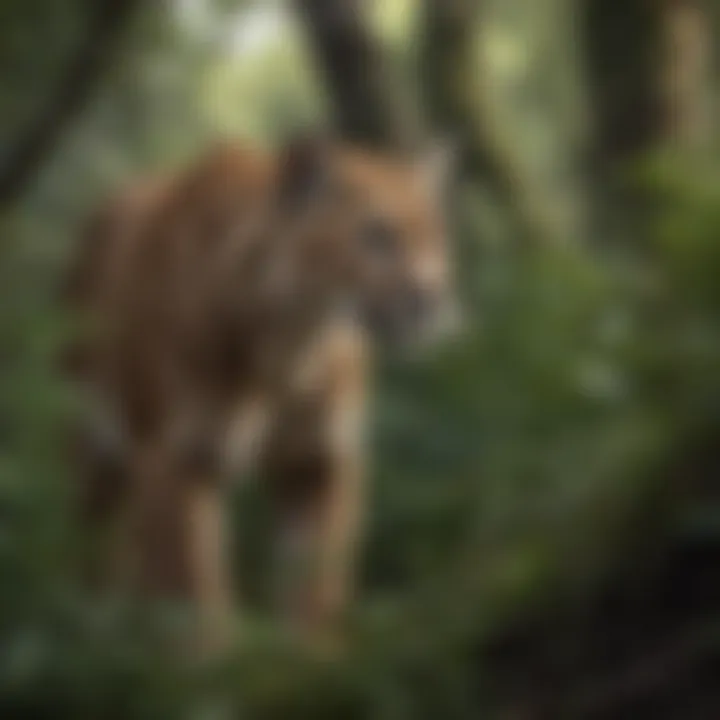 A puma stealthily stalking its prey through dense underbrush